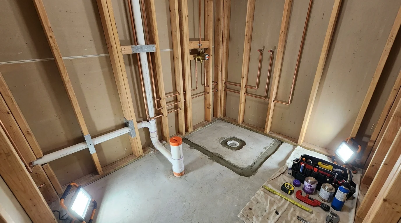 Bathroom rough-in plumbing during remodel by Johns Plumbing LLC in Currituck