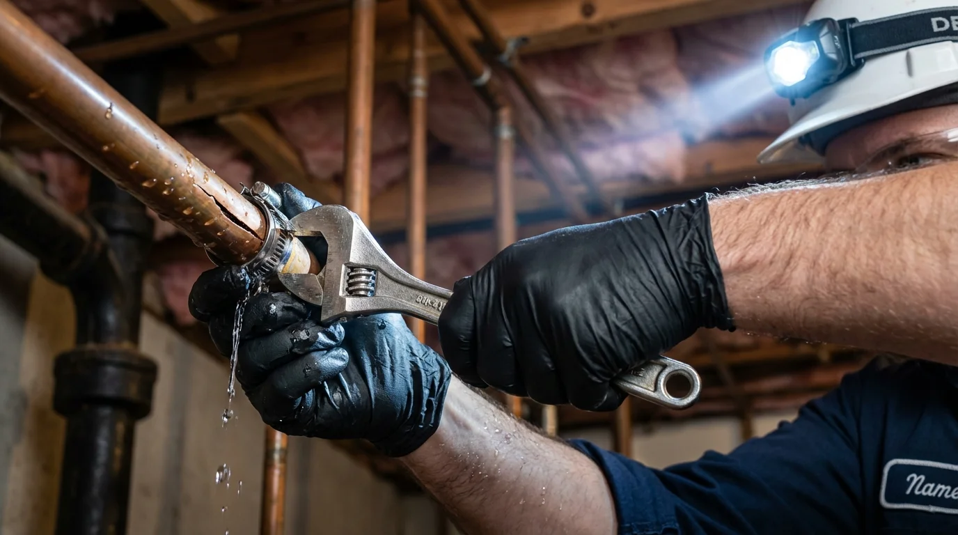 Emergency pipe clamp repair being performed by a Johns Plumbing LLC plumber in Currituck