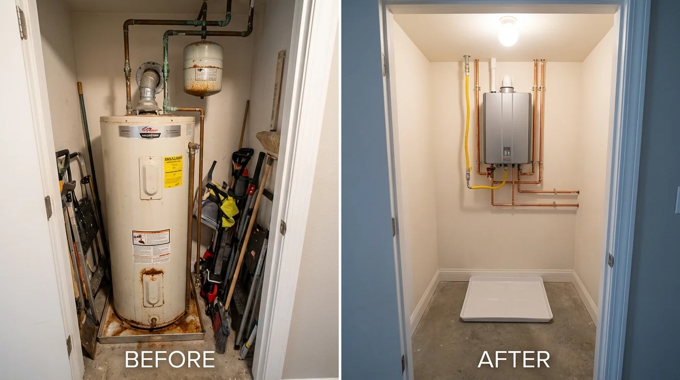 Tank water heater versus wall-mounted tankless unit comparison for Currituck, NC homeowners