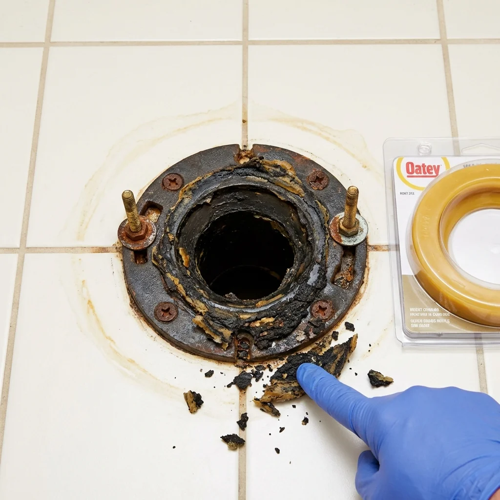 Failed wax ring showing water seepage at the base of a toilet in a Currituck, NC home