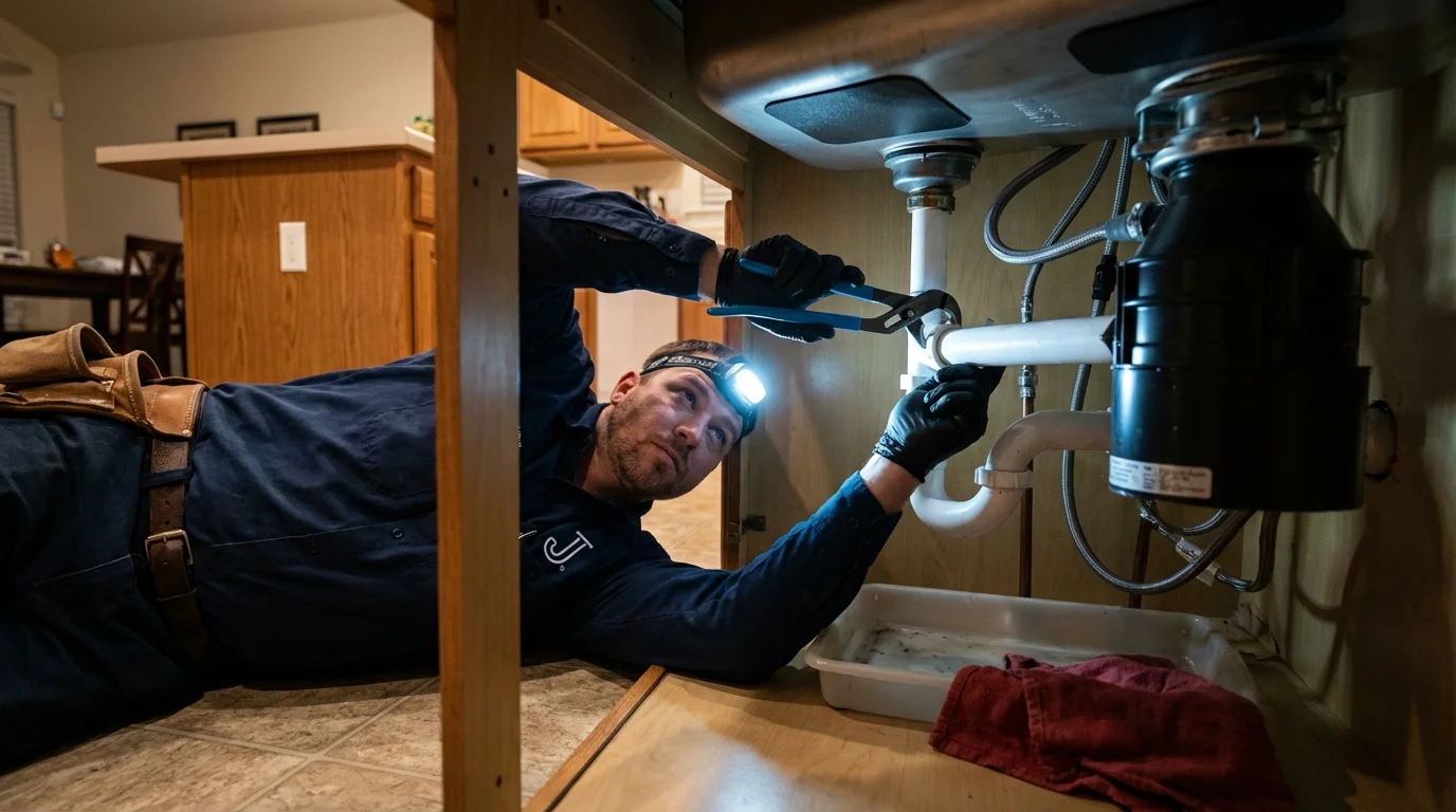 P-trap and supply line connections under a kitchen sink showing a common leak point in Currituck, NC